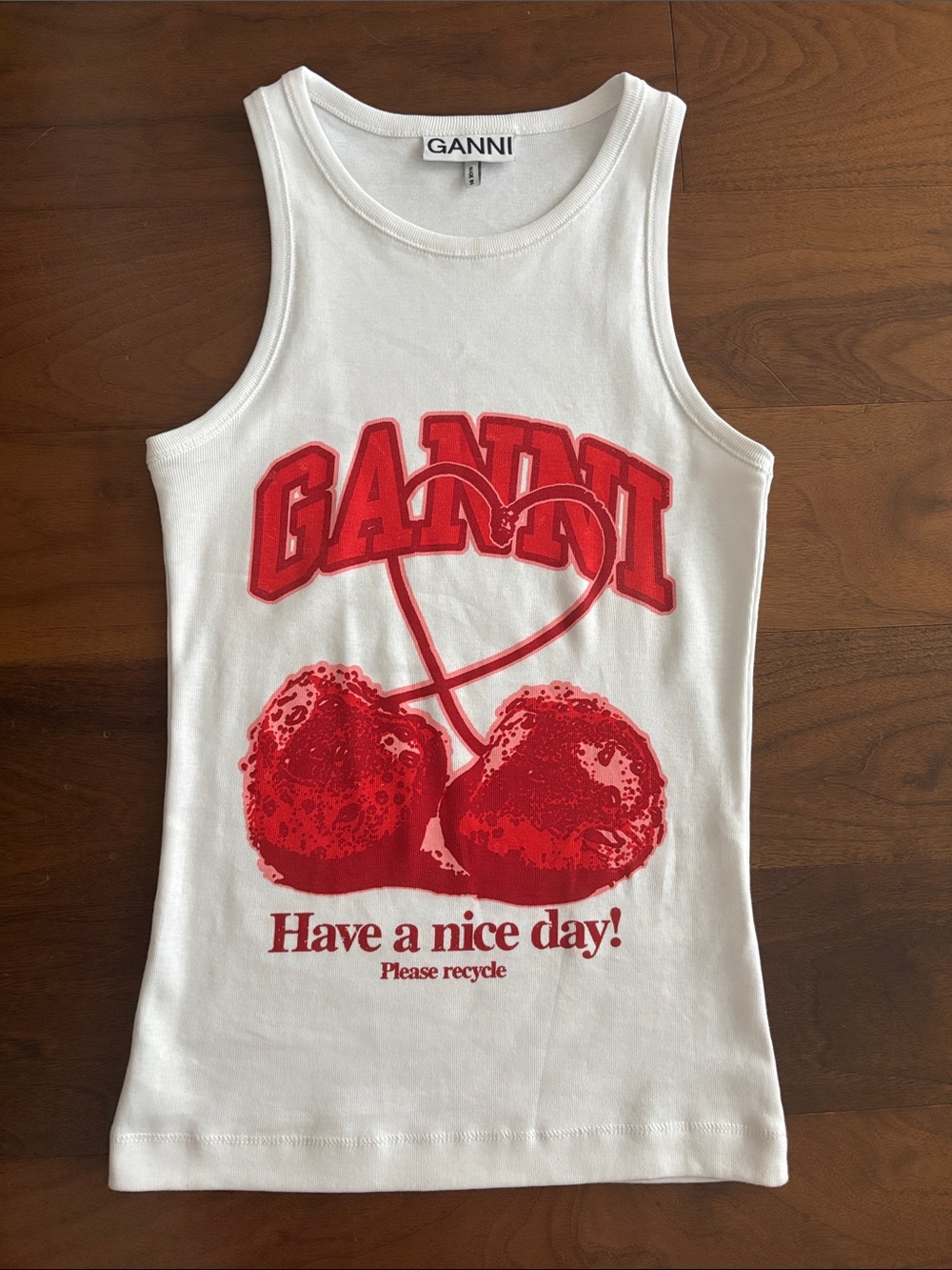 Ganni White Tank Top with Red Cherry Graphic